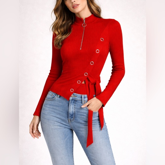 Tops - Red Ribbed Asymmetrical Zip Top Grommet Tie Detail Long Sleeve M.